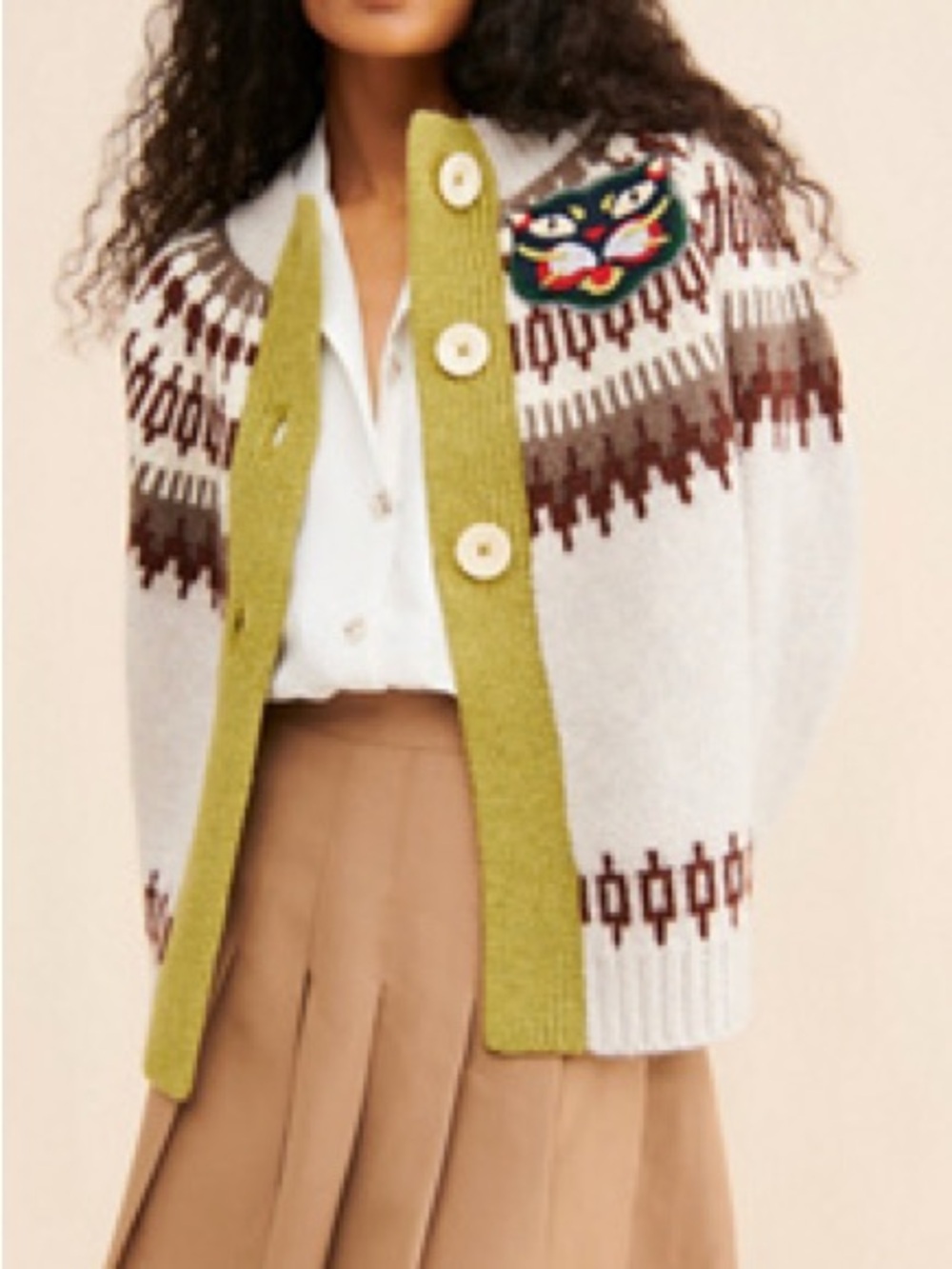 The Reeds for Anthropologie Fair Isle Wool Cat Patch Cardigan Sweater Size XS